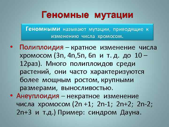 Геномные мутации Геномными называют мутации, приводящие к изменению числа хромосом. • Полиплоидия – кратное