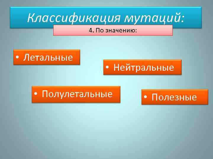 Классификация мутаций: 4. По значению: • Летальные • Нейтральные • Полулетальные • Полезные 65