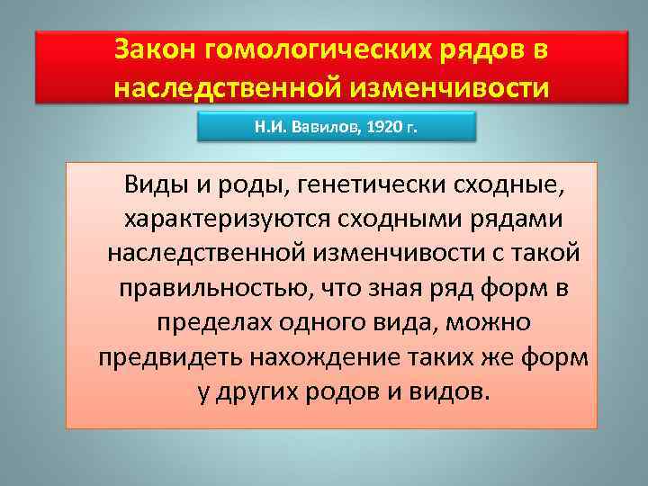 Закон гомологических рядов в наследственной изменчивости Н. И. Вавилов, 1920 г. Виды и роды,