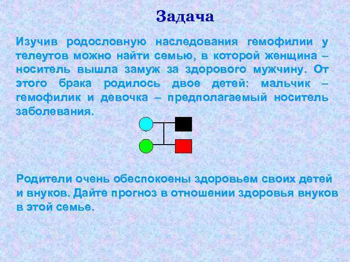 Задача Изучив родословную наследования гемофилии у телеутов можно найти семью, в которой женщина –