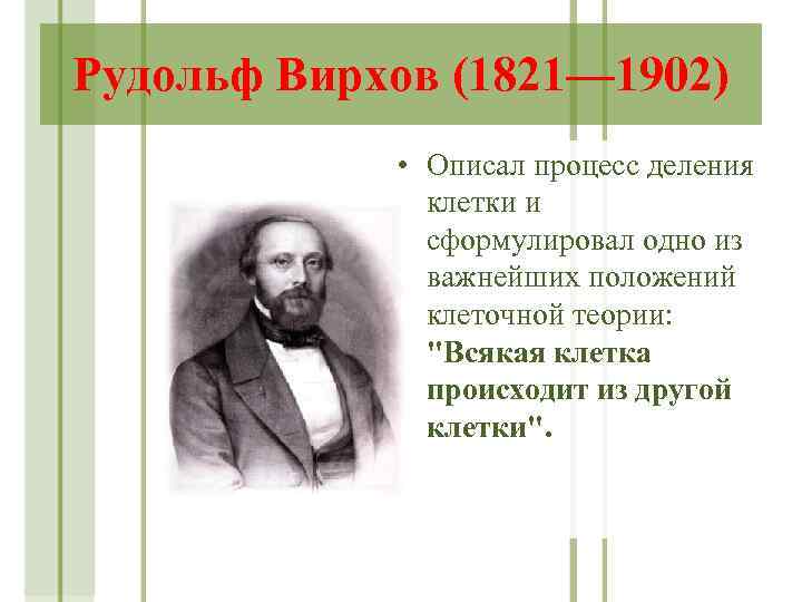 Рудольф Вирхов (1821— 1902) • Описал процесс деления клетки и сформулировал одно из важнейших
