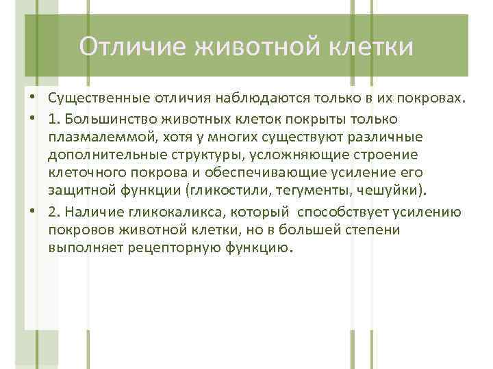 Отличие животной клетки • Существенные отличия наблюдаются только в их покровах. • 1. Большинство