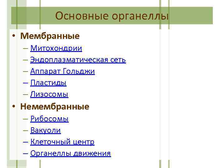 Основные органеллы • Мембранные – Митохондрии – Эндоплазматическая сеть – Аппарат Гольджи – Пластиды