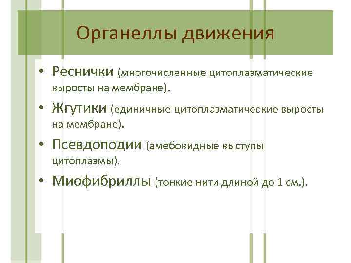 Органеллы движения • Реснички (многочисленные цитоплазматические выросты на мембране). • Жгутики (единичные цитоплазматические выросты