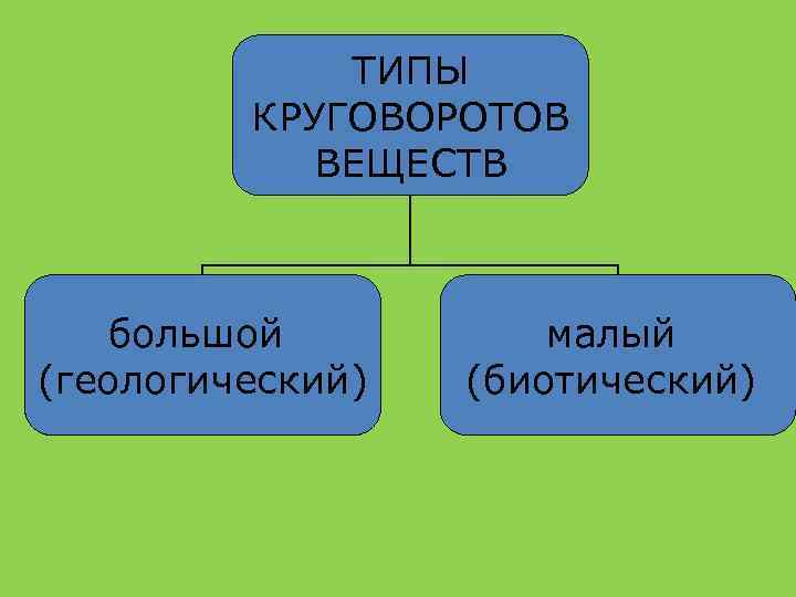 ТИПЫ КРУГОВОРОТОВ ВЕЩЕСТВ большой (геологический) малый (биотический) 