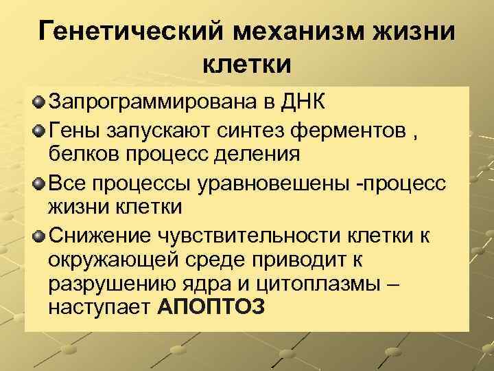 Генетический механизм жизни клетки Запрограммирована в ДНК Гены запускают синтез ферментов , белков процесс