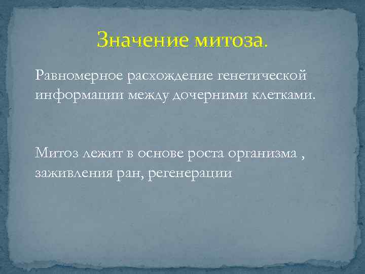 Значение митоза. Равномерное расхождение генетической информации между дочерними клетками. Митоз лежит в основе роста