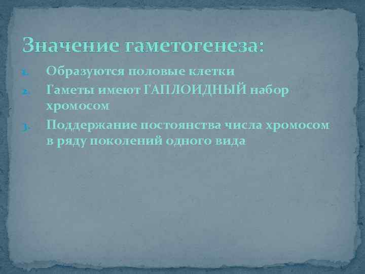 Значение гаметогенеза: 1. 2. 3. Образуются половые клетки Гаметы имеют ГАПЛОИДНЫЙ набор хромосом Поддержание