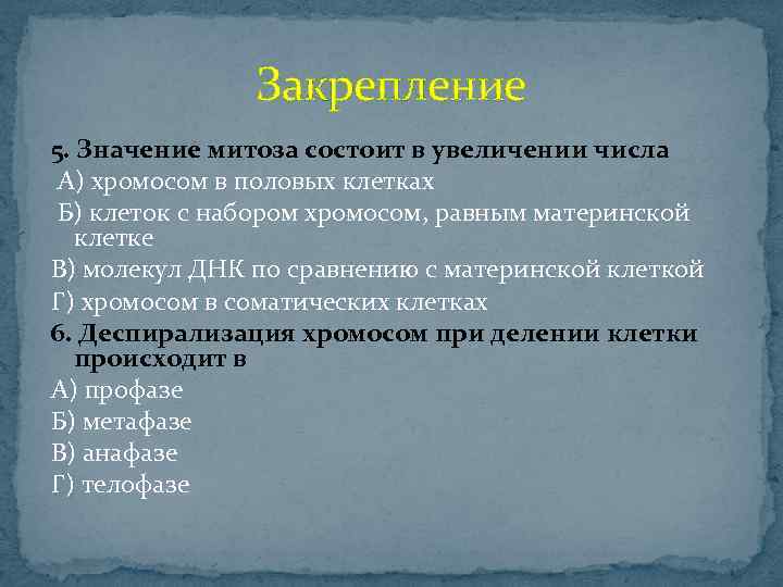 Закрепление 5. Значение митоза состоит в увеличении числа А) хромосом в половых клетках Б)