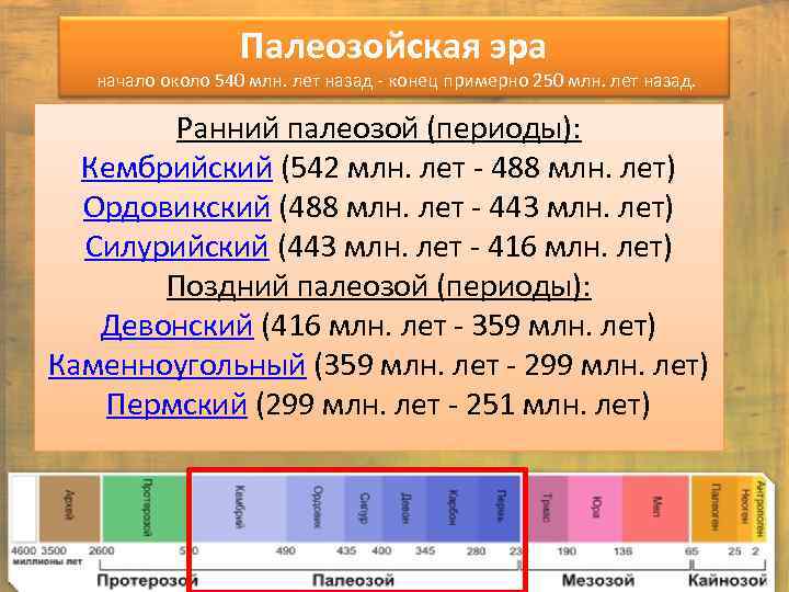 Палеозойская эра начало около 540 млн. лет назад - конец примерно 250 млн. лет