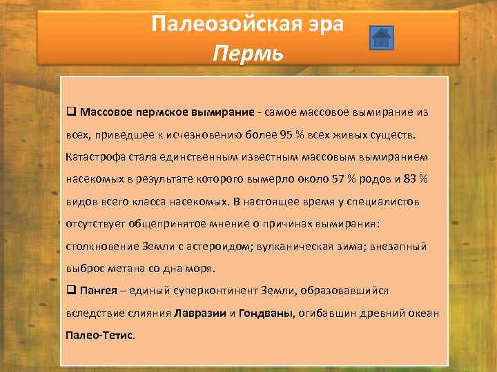 Палеозойская эра Пермь q Массовое пермское вымирание - самое массовое вымирание из всех, приведшее