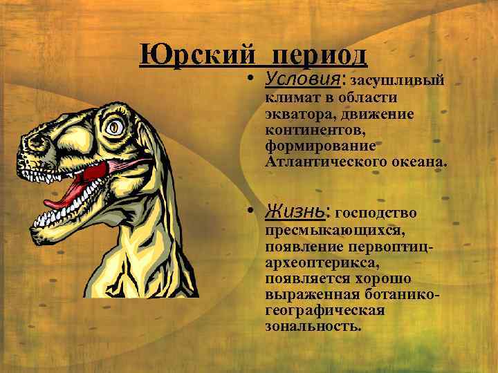 Юрский период • Условия: засушливый климат в области экватора, движение континентов, формирование Атлантического океана.