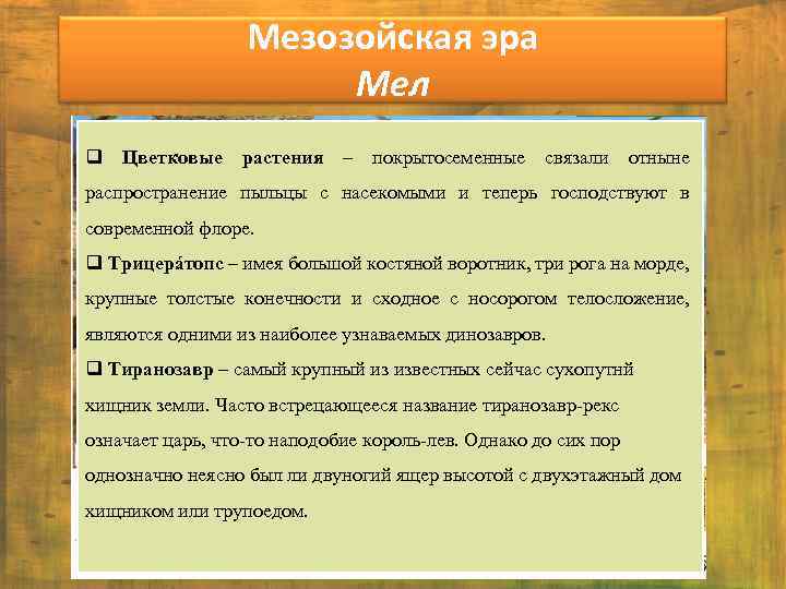 Мезозойская эра Мел q Цветковые растения – покрытосеменные связали отныне распространение пыльцы с насекомыми