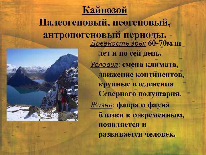 Кайнозой Палеогеновый, неогеновый, антропогеновый периоды. Древность эры: 60 -70 млн лет и по сей