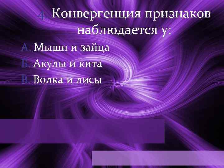 4. Конвергенция признаков наблюдается у: А. Мыши и зайца Б. Акулы и кита В.