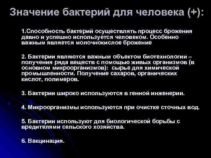 Значение бактерий для человека (+): 1. Способность бактерий осуществлять процесс брожения давно и успешно