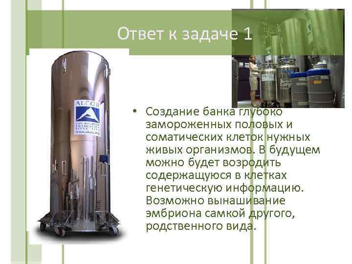 Ответ к задаче 1 • Создание банка глубоко замороженных половых и соматических клеток нужных