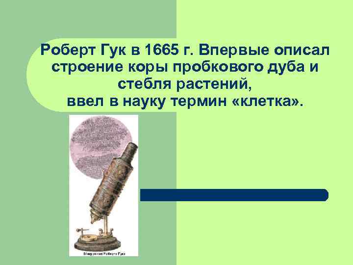 Роберт Гук в 1665 г. Впервые описал строение коры пробкового дуба и стебля растений,