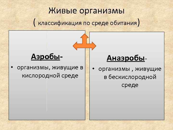 Живые организмы ( классификация по среде обитания) Аэробы- Анаэробы- • организмы, живущие в кислородной