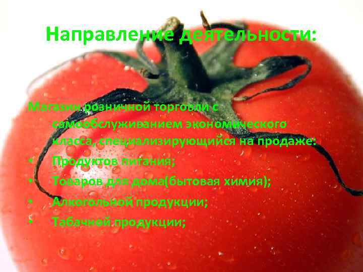 Направление деятельности: Магазин розничной торговли с самообслуживанием экономического класса, специализирующийся на продаже: • Продуктов