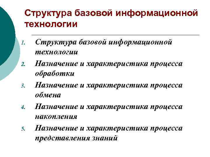Структура базовой информационной технологии 1. 2. 3. 4. 5. Структура базовой информационной технологии Назначение