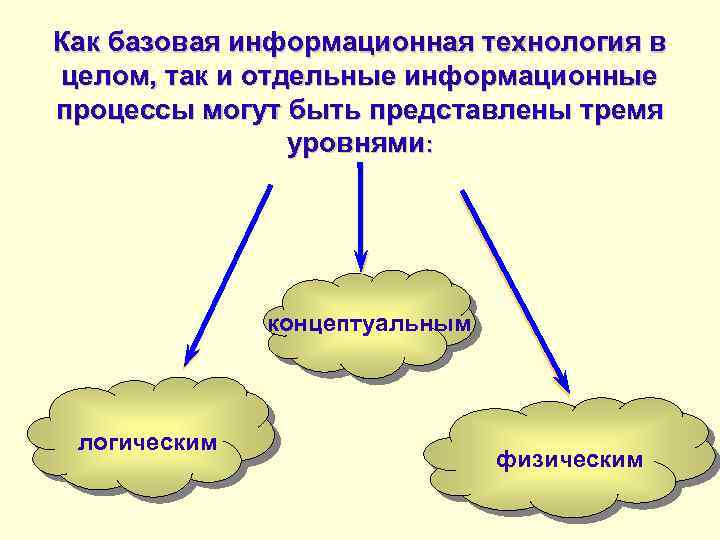 Как базовая информационная технология в целом, так и отдельные информационные процессы могут быть представлены