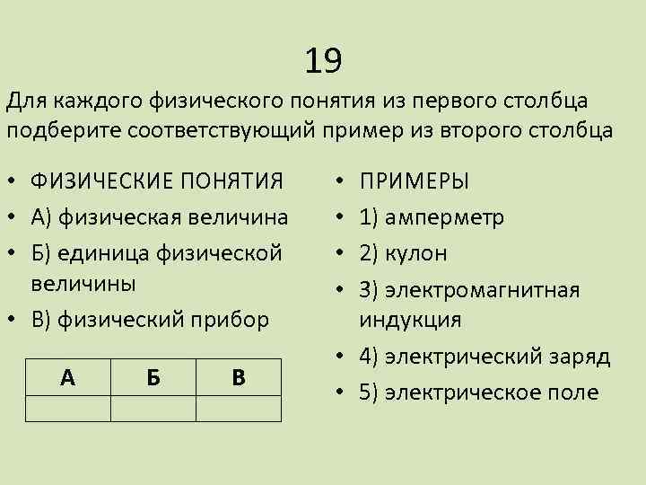 19 Для каждого физического понятия из первого столбца подберите соответствующий пример из второго столбца