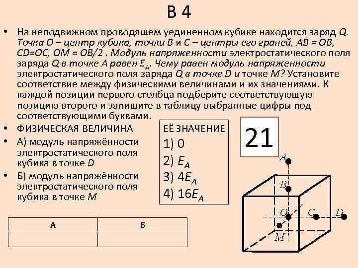 В 4 • На неподвижном проводящем уединенном кубике находится заряд Q. Точка O –