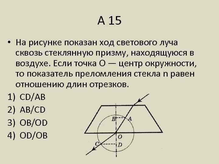 А 15 • На рисунке показан ход светового луча сквозь стеклянную призму, находящуюся в