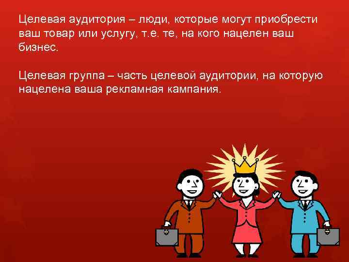 Целевая аудитория – люди, которые могут приобрести ваш товар или услугу, т. е. те,