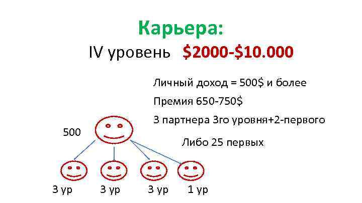 Карьера: IV уровень $2000 -$10. 000 Личный доход = 500$ и более Премия 650