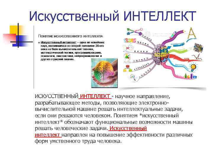 Искусственный ИНТЕЛЛЕКТ ИСКУССТВЕННЫЙ ИНТЕЛЛЕКТ - научное направление, разрабатывающее методы, позволяющие электронновычислительной машине решать интеллектуальные