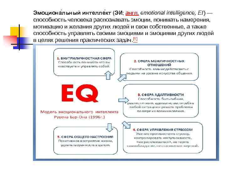 Эмоциона льный интелле кт (ЭИ; англ. emotional intelligence, EI) — способность человека распознавать эмоции,