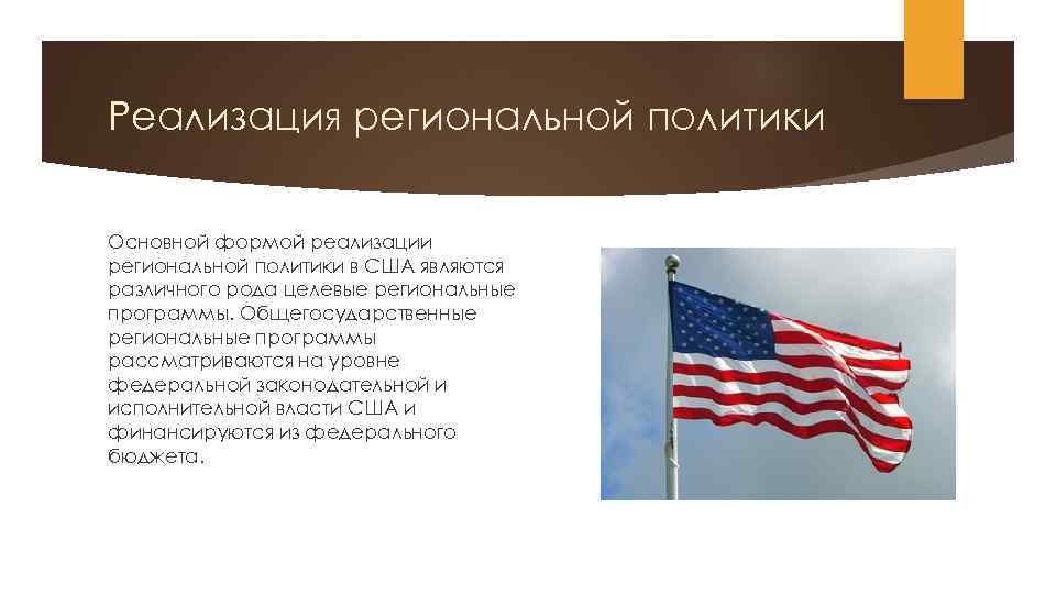 Реализация региональной политики Основной формой реализации региональной политики в США являются различного рода целевые