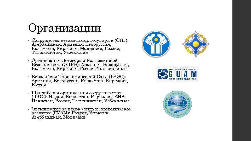 Организации • Содружество независимых государств (СНГ): Азербайджан, Армения, Белоруссия, Казахстан, Киргизия, Молдавия, Россия, Таджикистан,