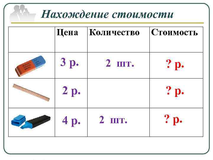 Нахождение стоимости Цена 3 р. Количество 2 шт. 2 р. 4 р. Стоимость ?