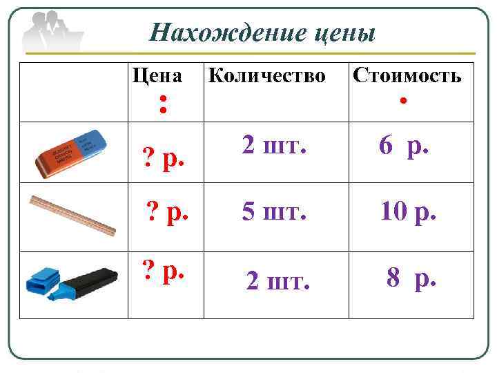 Нахождение цены Цена : Количество Стоимость ∙ ? р. 2 шт. 6 р. ?