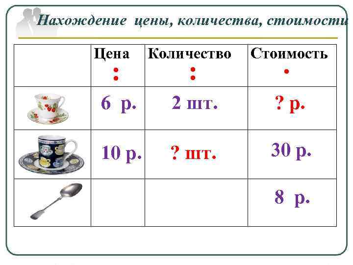 Нахождение цены, количества, стоимости Цена : Количество : Стоимость ∙ 6 р. 2 шт.