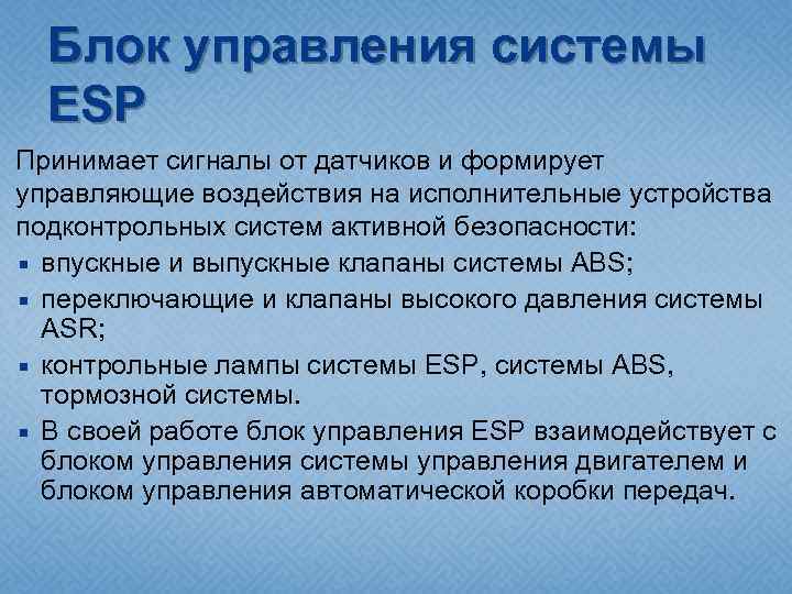 Блок управления системы ESP Принимает сигналы от датчиков и формирует управляющие воздействия на исполнительные