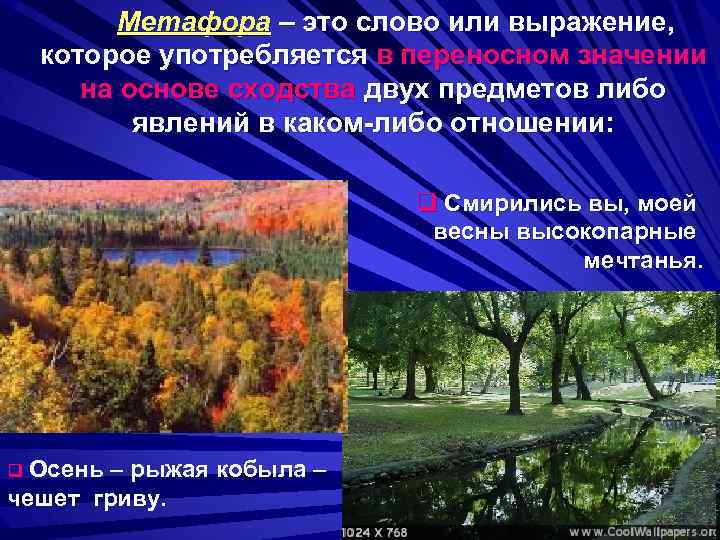 Метафора – это слово или выражение, которое употребляется в переносном значении на основе сходства