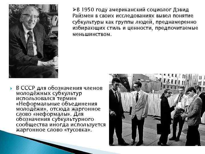 ØВ 1950 году американский социолог Дэвид Райзмен в своих исследованиях вывел понятие субкультуры как