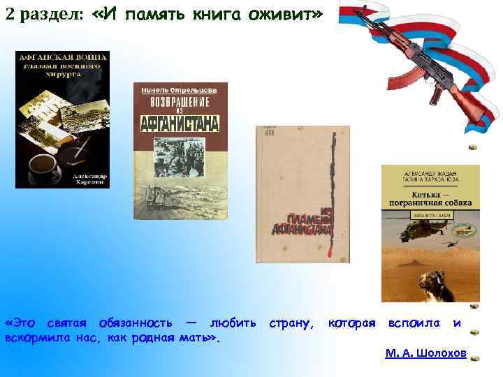 2 раздел: «И память книга оживит» «Это святая обязанность — любить вскормила нас, как
