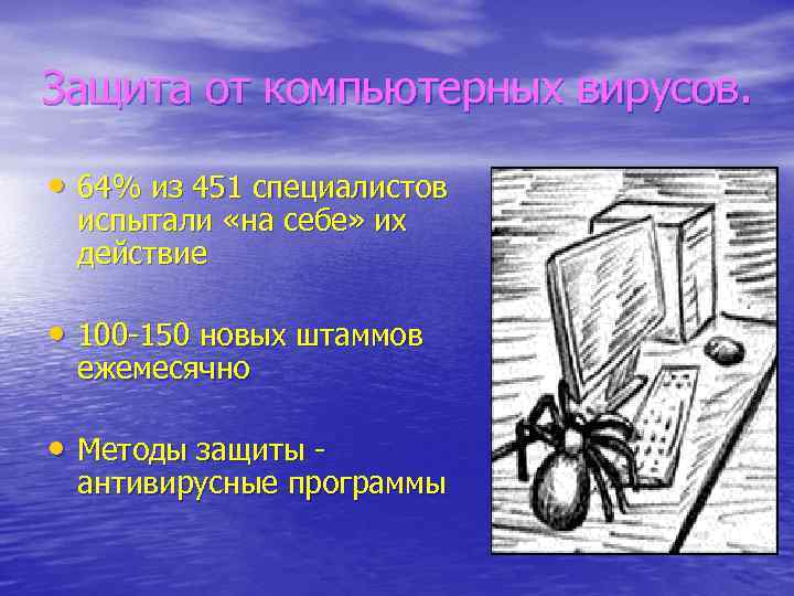 Защита от компьютерных вирусов. • 64% из 451 специалистов испытали «на себе» их действие