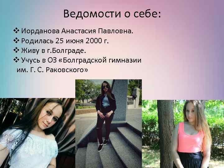 Ведомости о себе: v Иорданова Анастасия Павловна. v Родилась 25 июня 2000 г. v