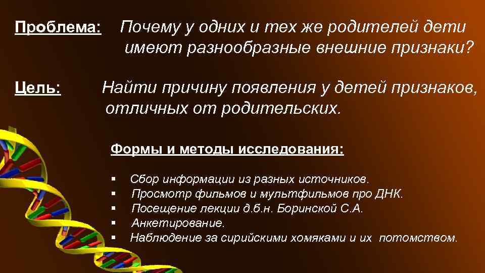 Почему у одних и тех же родителей дети имеют разнообразные внешние признаки? Проблема: Цель: