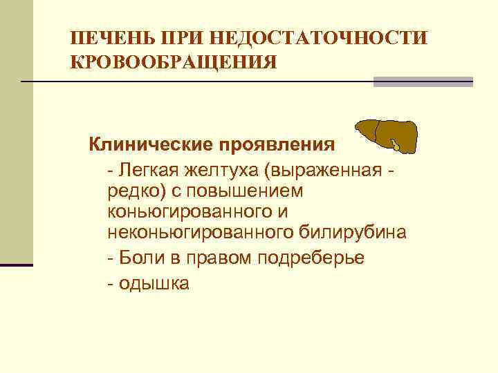 ПЕЧЕНЬ ПРИ НЕДОСТАТОЧНОСТИ КРОВООБРАЩЕНИЯ Клинические проявления - Легкая желтуха (выраженная редко) с повышением коньюгированного