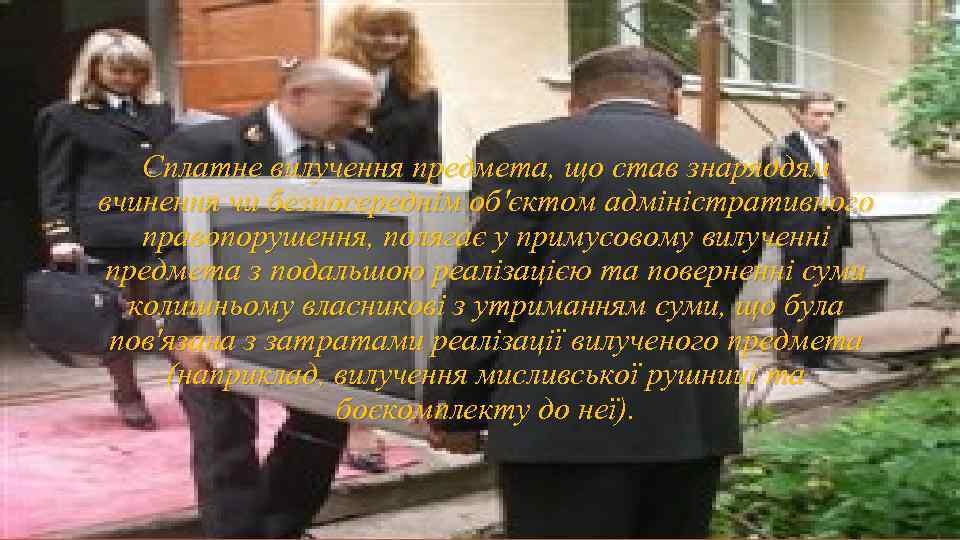 Сплатне вилучення предмета, що став знаряддям вчинення чи безпосереднім об'єктом адміністративного правопорушення, полягає у