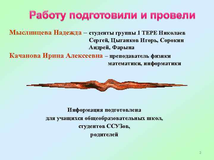 Мыслинцева Надежда – студенты группы 1 ТЕРЕ Николаев Качанова Ирина Сергей, Цыганков Игорь, Сорокин