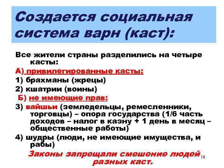 Создается социальная система варн (каст): Все жители страны разделились на четыре касты: А) привилегированные