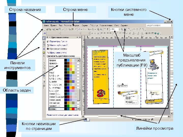 Строка названия Панели инструментов Строка меню Кнопки системного меню Масштаб предъявления публикации (F 9)